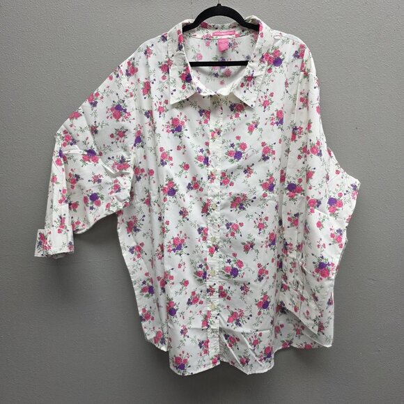 Woman Within Shirt Womens 5X White Floral Button Down Long Sleeve Cotton Blend - Picture 1 of 9
